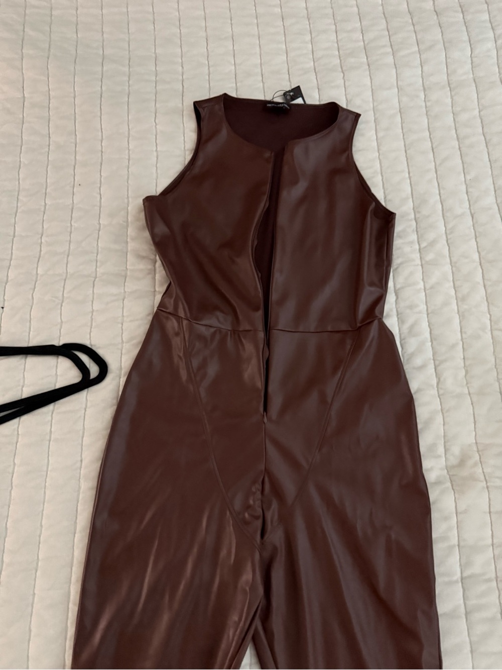 PrettyLittleThing Sleeveless Faux Leather Jumpsuit in Deep Brown